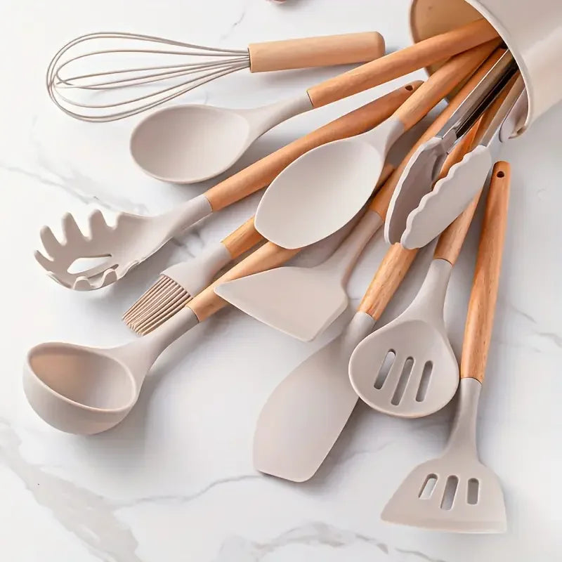 12PCS Silicone Kitchen Utensils Set – Heat-Resistant Non-Stick Spatulas & Spoons with Wooden Handles