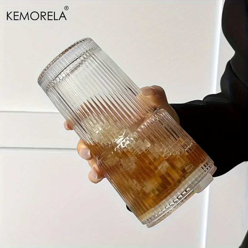 600ML Stripe Glass Coffee Cup with Lid – Transparent Juice & Iced Coffee Mug, Cold Drink Glassware without Straw
