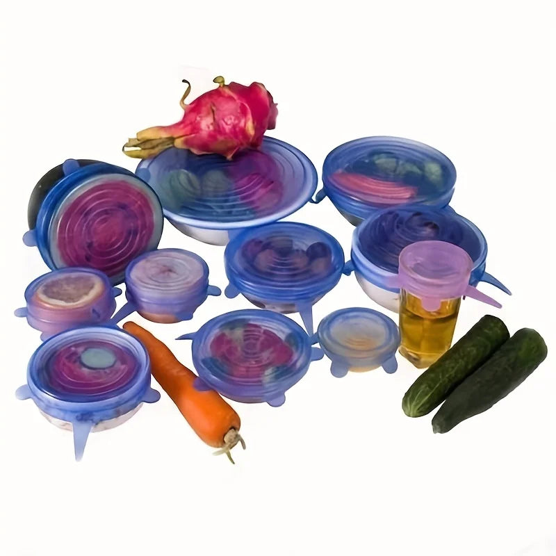 6Pcs Silicone Fresh-Keeping Covers – Reusable Stretch Canning Lids in Blue & White for Airtight Food Storage