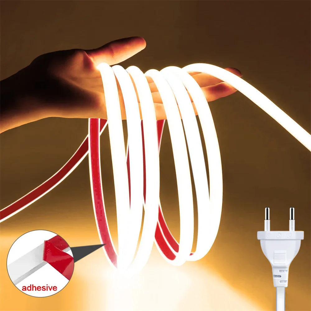 220V High Brightness COB LED Strip Lights IP65 Waterproof Flexible Ribbon for Indoor & Outdoor Garden Lighting