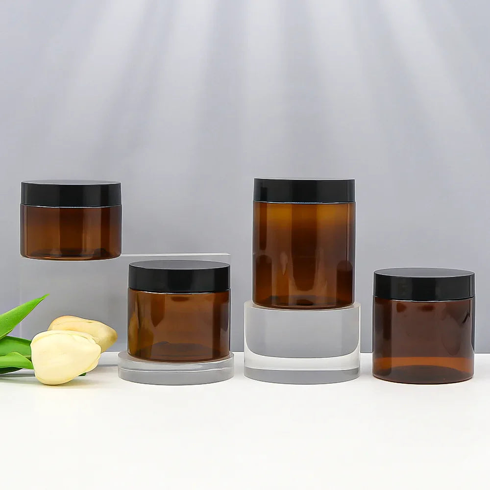 12PCS Amber Cosmetic Jar Set – 50ml to 250ml Refillable Face Cream Containers with Black Lids