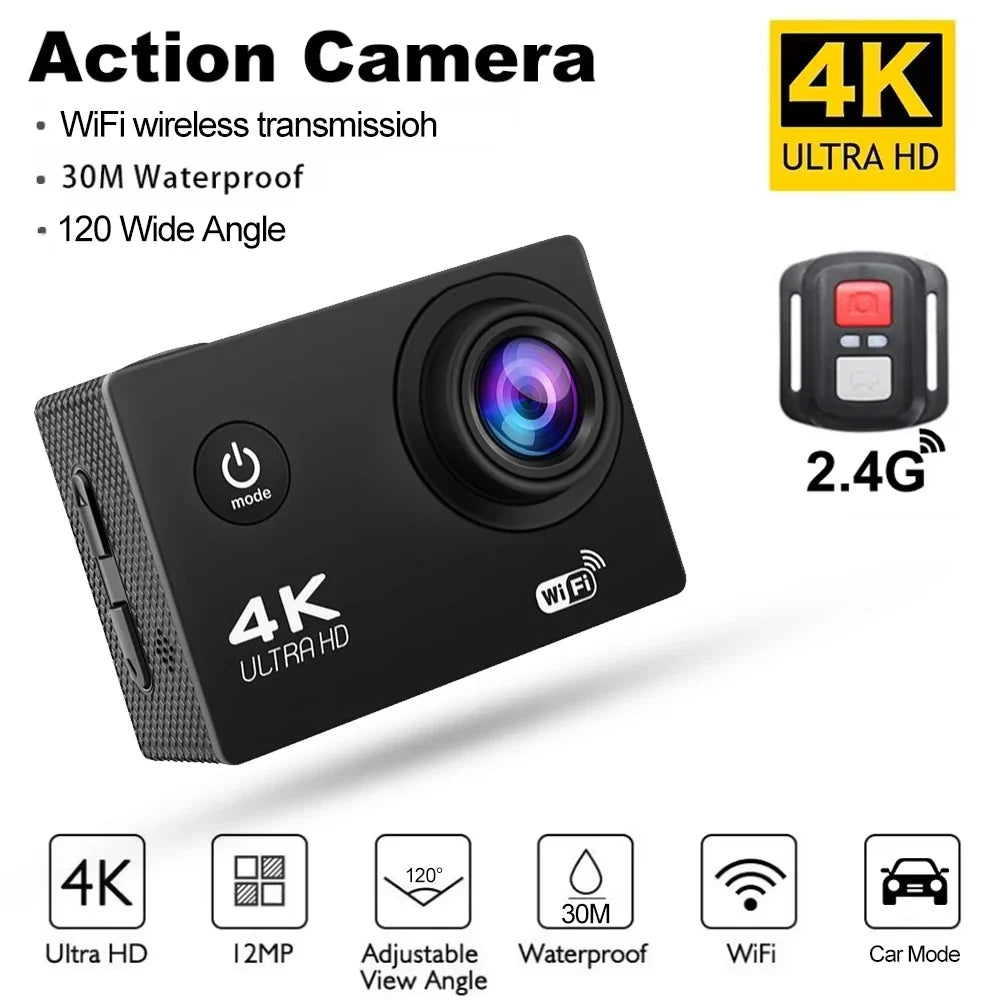 4K Action Camera with WiFi – 1080P/30FPS Waterproof Sports Camera with 2.0” Screen, 170° Wide-Angle Lens for Outdoor & Underwater Use