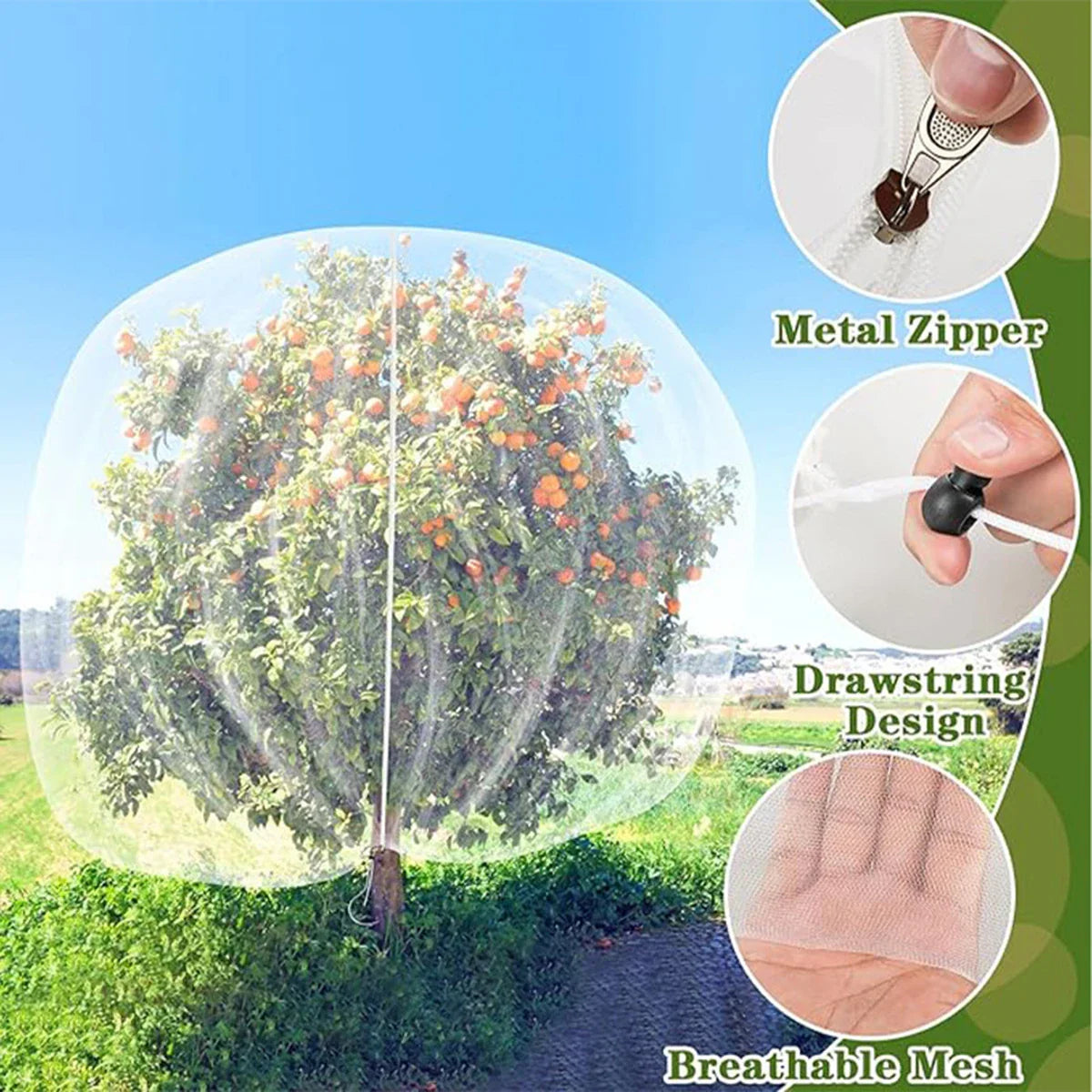 2pcs Large Fruits Tree Netting Cover Garden Insect Netting with Zipper Drawstring Bird Plant Barrier Flower Fruits Mesh Screen