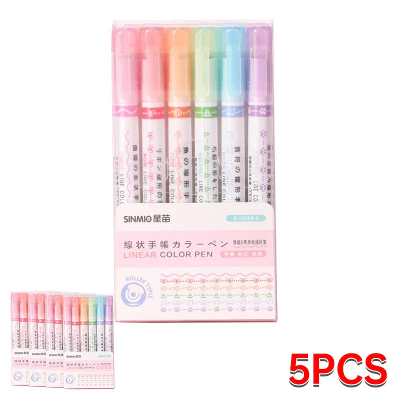 6Pcs/Set Flower Shape Outline Pens Highlighter Marker Curve Roller Tip Pen Cute Stationery Kawaii Graffiti School Acsesories