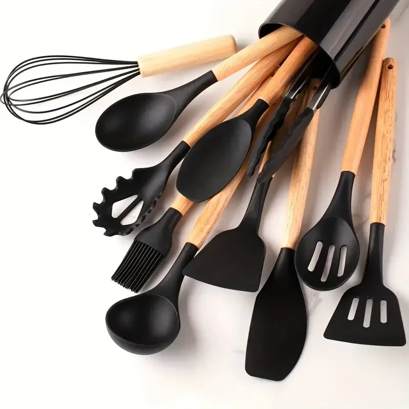 12PCS Silicone Kitchen Utensils Set – Heat-Resistant Non-Stick Spatulas & Spoons with Wooden Handles