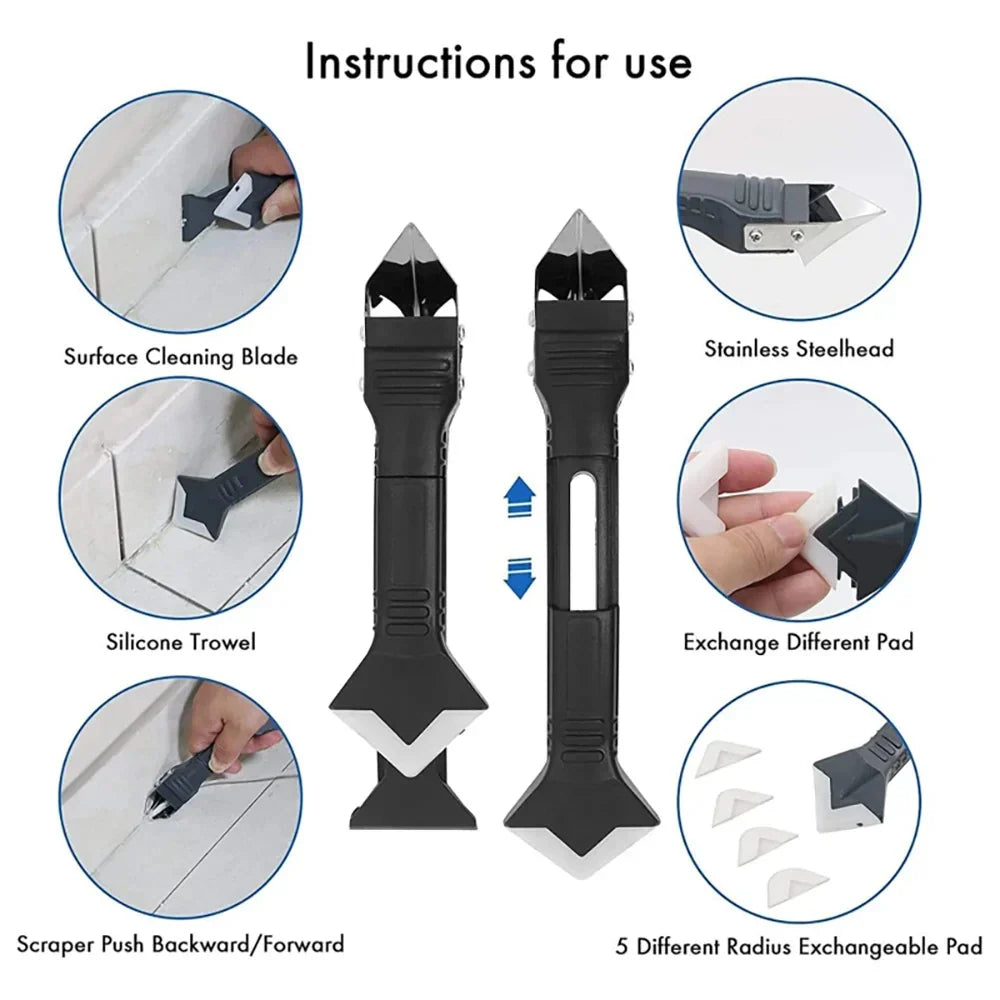 5 in 1 Metal Head Shovel Glue Tool Kit – Silicone Spatula, Caulk Remover, Grout Removal, Sealant Finishing & Corner Scraper