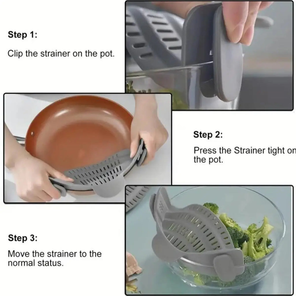 1Pc Clip-On Pot Strainer – Adjustable Silicone Strainer for Pots, Pans & Bowls