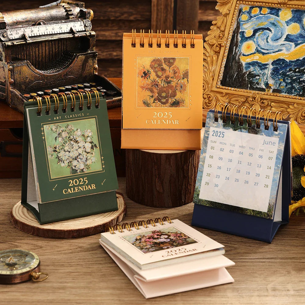 2025 Vintage Mini Bronzing Painting Desk Calendar – Monthly Flip Tabletop Planner
