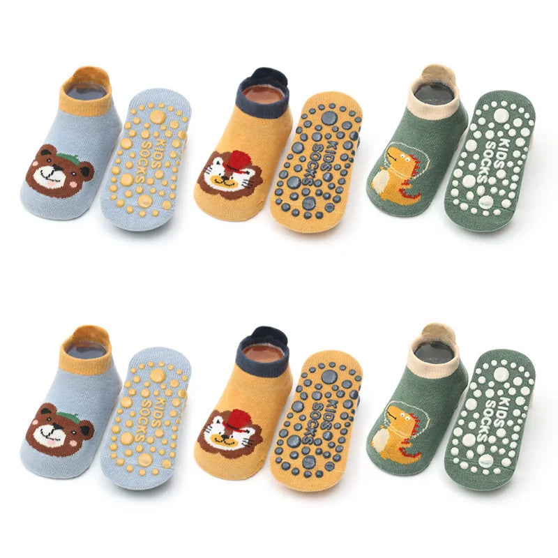 6 Pairs Kids Cotton Socks – Cute Cartoon Animal Pattern Non-Slip Floor Socks for Babies & Toddlers
