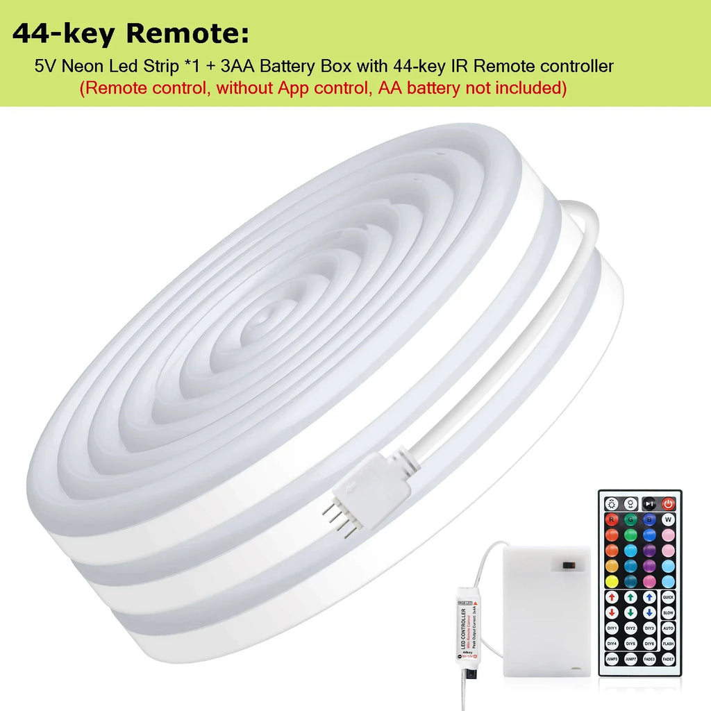 3AA Battery Box RGB Neon LED Strip Light – 5V 108 LEDs/M Waterproof Flexible Neon Strip with Bluetooth & Remote Control