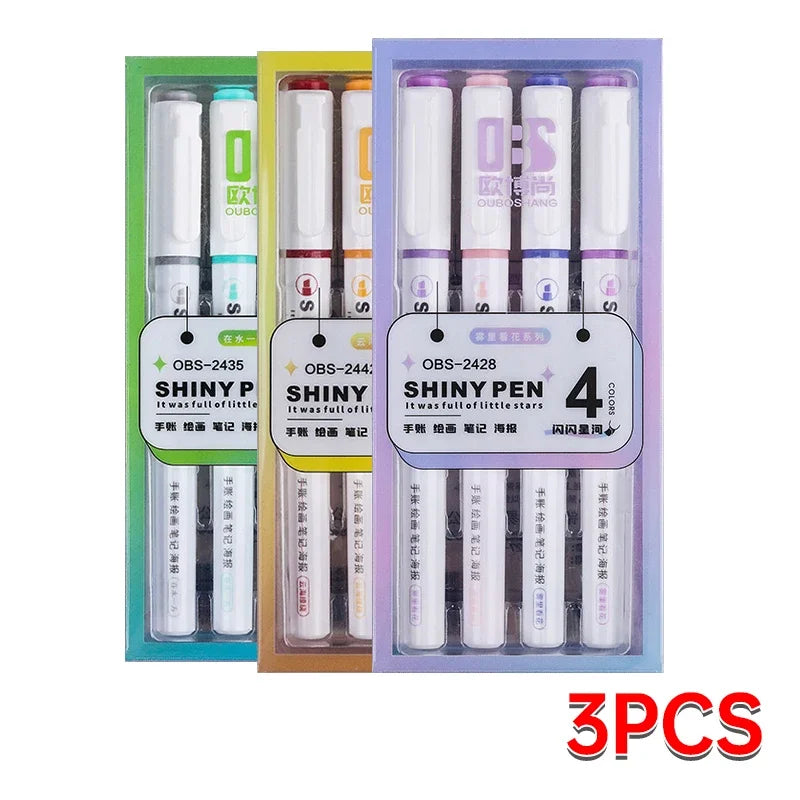 4 Colors Shining Highlighter Pens – Kawaii School Markers for Notes & Journals