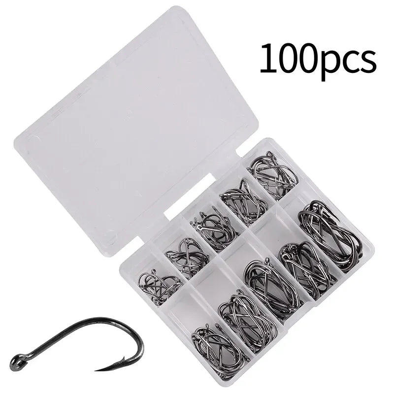 100Pcs High Carbon Steel Fishing Hooks Set – Assorted Barbed Carp Hooks for Fly & Jig Fishing