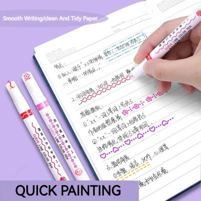 6Pcs Flower Line Shape Highlighter Pen Set – Curve Liner Roller Tip Markers for Creative Journaling