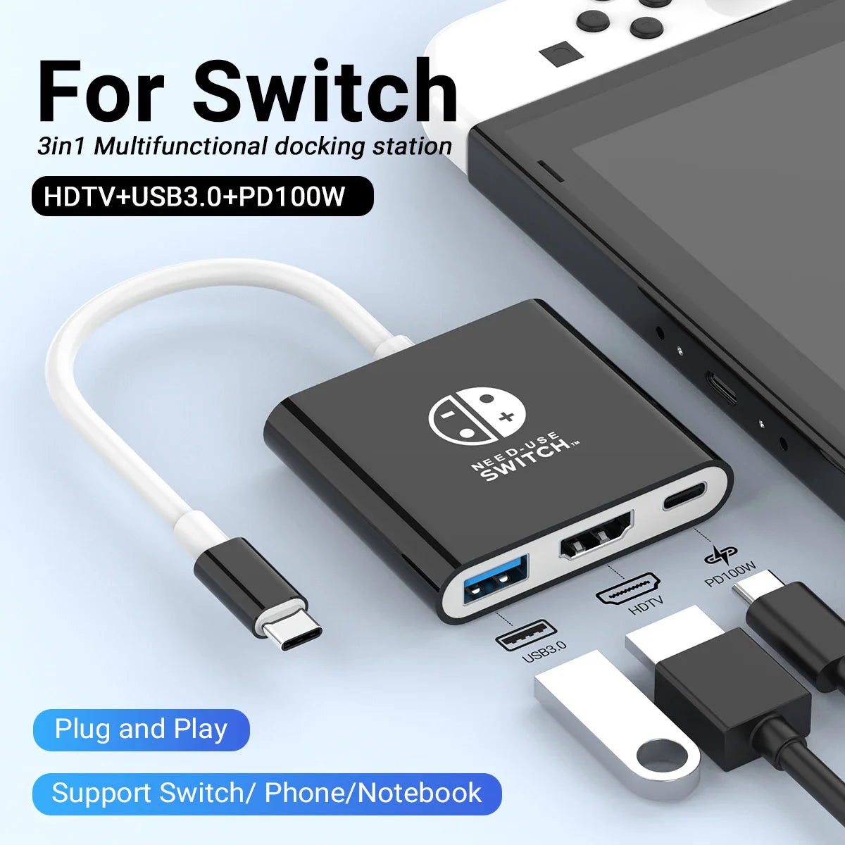 3-in-1 USB C to HDMI 4K HUB Type C Adapter Thunderbolt 3/4 100W PD USB 3.0 Docking Station for Switch MacBook Laptop Phone