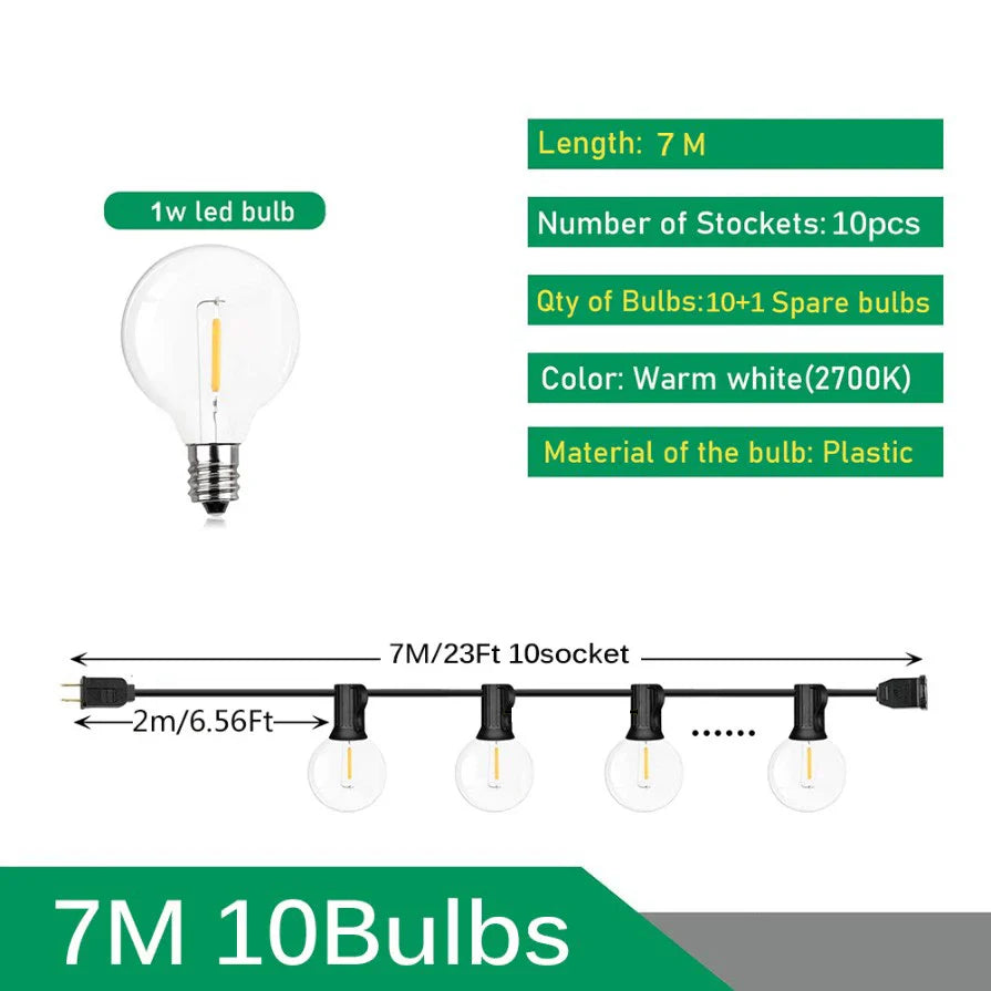 110V/220V Outdoor String Lights LED G40 Festoon Garland – Waterproof Warm White Fairy Lights for Patio, Garden & Wedding Decoration