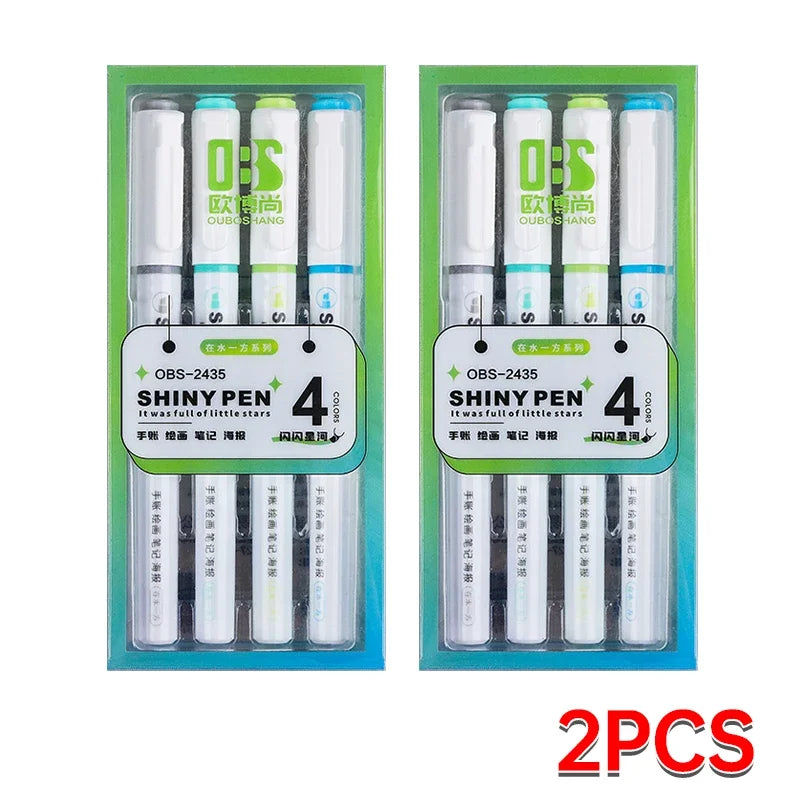 4 Colors Shining Highlighter Pens – Kawaii School Markers for Notes & Journals