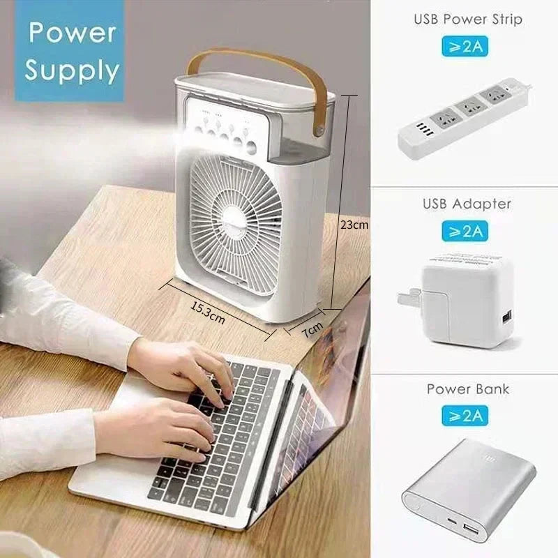 3-in-1 Household Air Cooler Fan – LED Night Light, Humidifier & USB-Powered Mini Air Conditioner