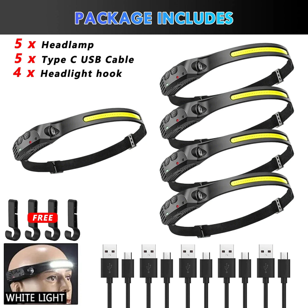 6 Modes LED Induction Headlamp COB Sensor Head Lamp Rechargeable Built-in Battery Flashlight Outdoor Work Lighting Headlights