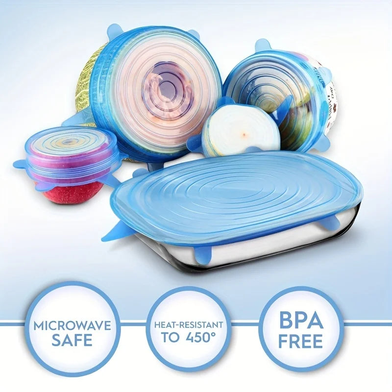 6Pcs Silicone Fresh-Keeping Covers – Reusable Stretch Canning Lids in Blue & White for Airtight Food Storage