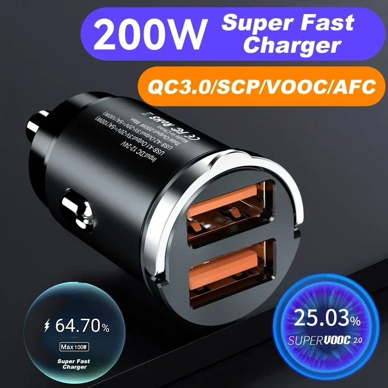 200W USB Car Charger Adapter – Fast Charging Type-C Car Phone Charger for iPhone, Samsung, Xiaomi & Huawei