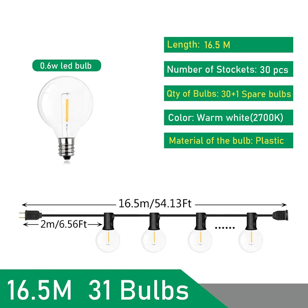 110V/220V Outdoor String Lights LED G40 Festoon Garland – Waterproof Warm White Fairy Lights for Patio, Garden & Wedding Decoration
