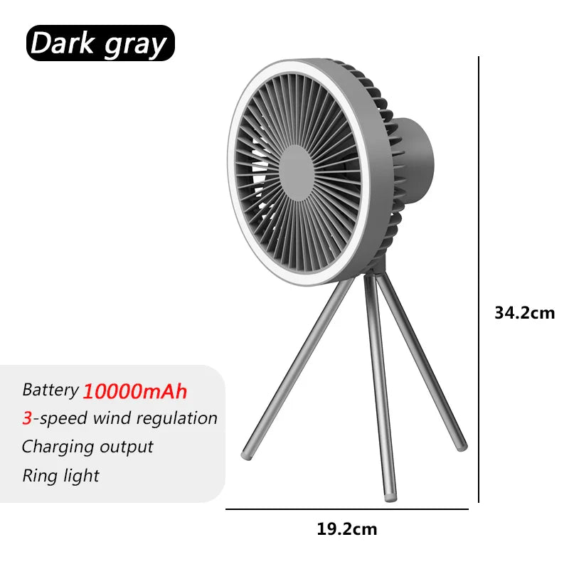 10000mAh Rechargeable Camping Fan – Ceiling & Desk Fan with LED Light and Power Bank Function