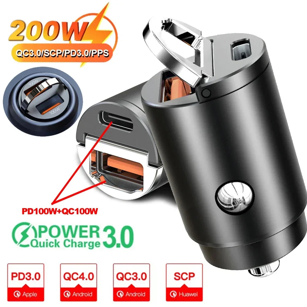 200W USB Car Charger Adapter – Fast Charging Type-C Car Phone Charger for iPhone, Samsung, Xiaomi & Huawei