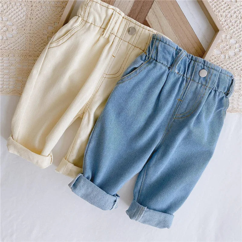 2024 Autumn Winter Baby Jeans – High Waist Solid Color Warm Out Pants for Boys & Girls