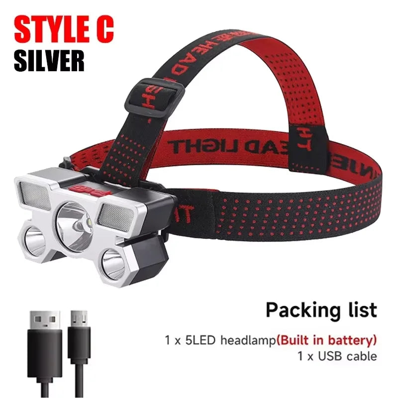 5 LED Rechargeable Headlamp with Built-in Lithium Battery – Waterproof Strong Headlight for Camping, Fishing & Cycling