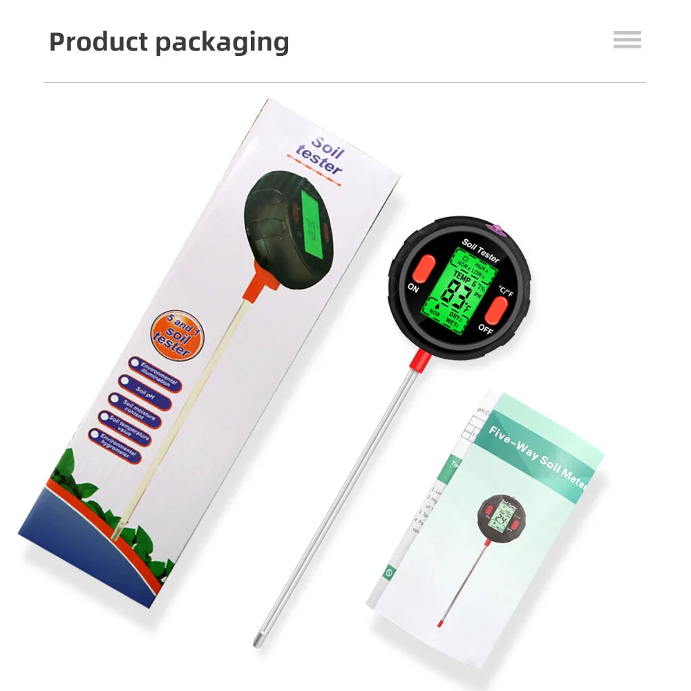 5-in-1 PH Soil Tester – Portable Moisture Meter, Thermometer, Humidity & Water Analyzer for Gardening & Hydroponics