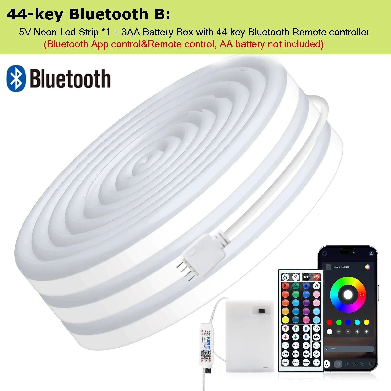 3AA Battery Box RGB Neon LED Strip Light – 5V 108 LEDs/M Waterproof Flexible Neon Strip with Bluetooth & Remote Control