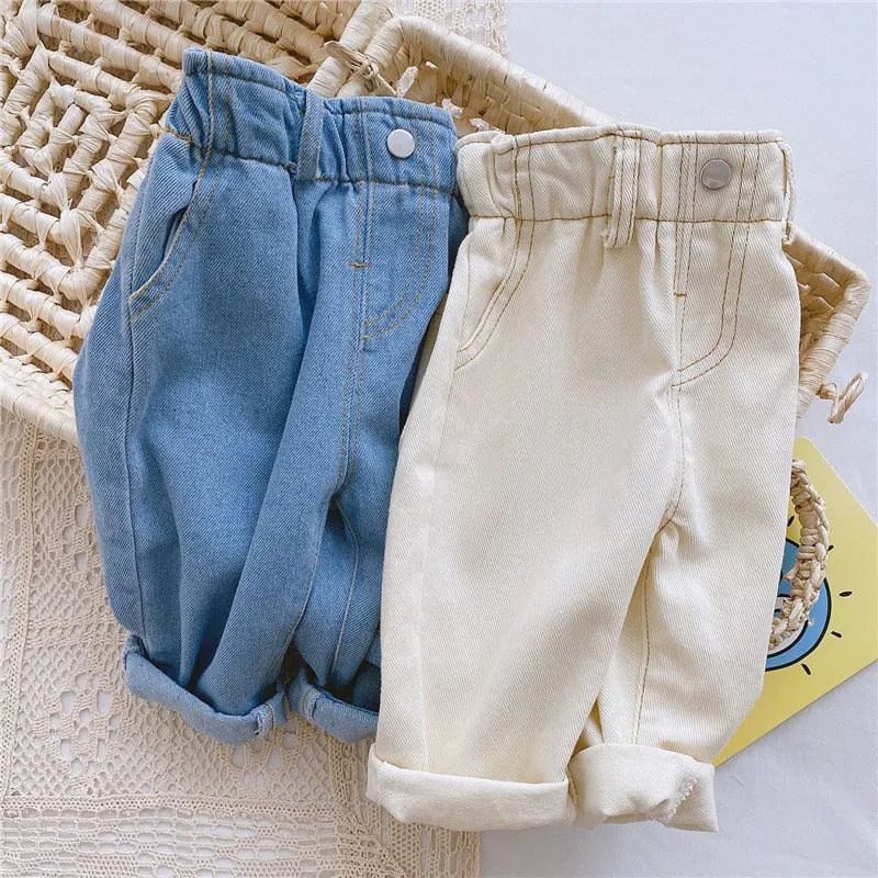 2024 Autumn Winter Baby Jeans – High Waist Solid Color Warm Out Pants for Boys & Girls