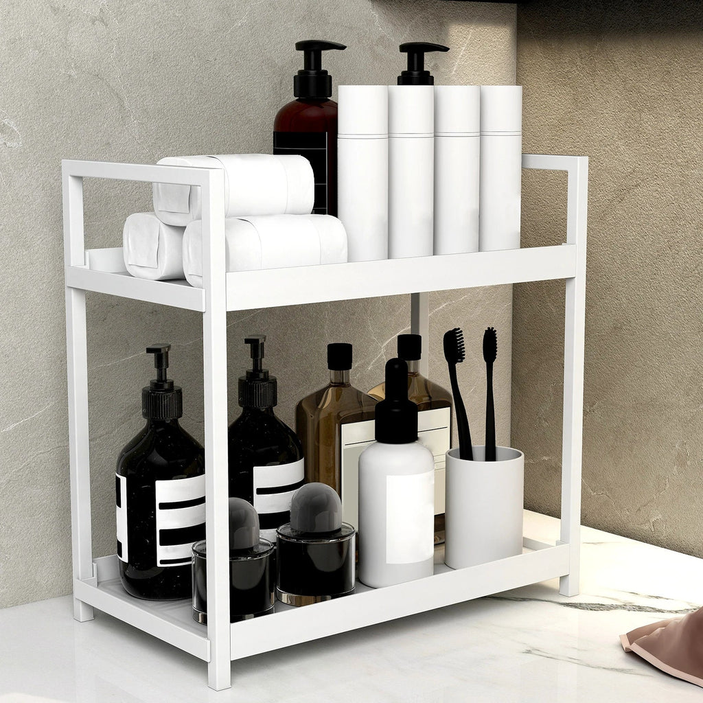 2-Tier Multifunctional Countertop Storage Rack – Large-Capacity Bathroom Cosmetic & Kitchen Spice Holder in Black and White