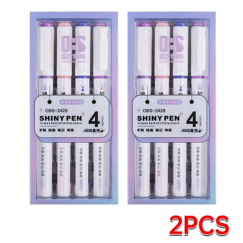 4 Colors Shining Highlighter Pens – Kawaii School Markers for Notes & Journals