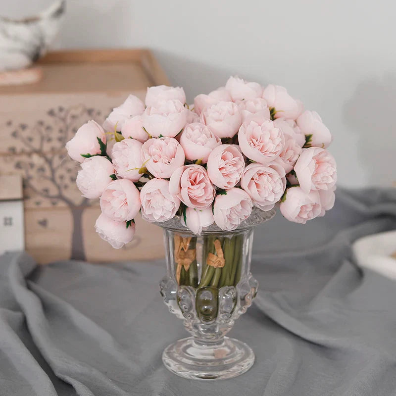 27 Heads Artificial Silk Pink Peony Rose Bouquet for Home Wedding Decoration