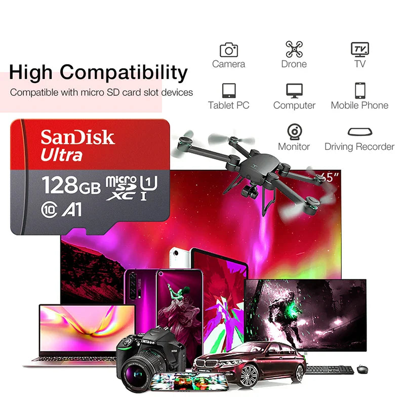 100% Original SanDisk Micro tf Card 256GB 128GB 64GB 32GB A1 Class 10 Memory Card UHS-1 TF Flash Card for Samrtphone/PC