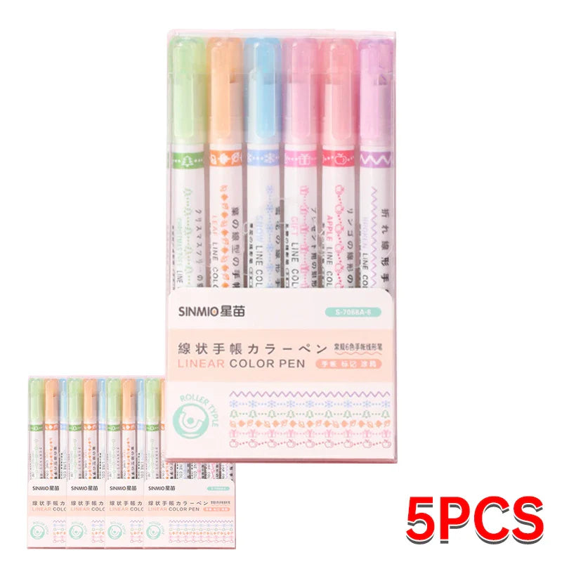 6Pcs/Set Flower Shape Outline Pens Highlighter Marker Curve Roller Tip Pen Cute Stationery Kawaii Graffiti School Acsesories