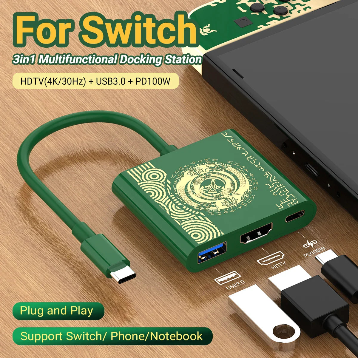3-in-1 USB C to HDMI 4K HUB Type C Adapter Thunderbolt 3/4 100W PD USB 3.0 Docking Station for Switch MacBook Laptop Phone