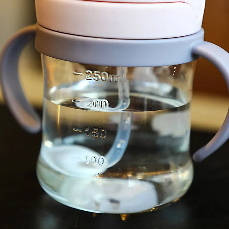1/2pcs 250ml Pink Baby Drinking Cup Feeding Bottle With Straw Gravity Ball Wide Caliber Drinking Milk Water Bottle With Handle