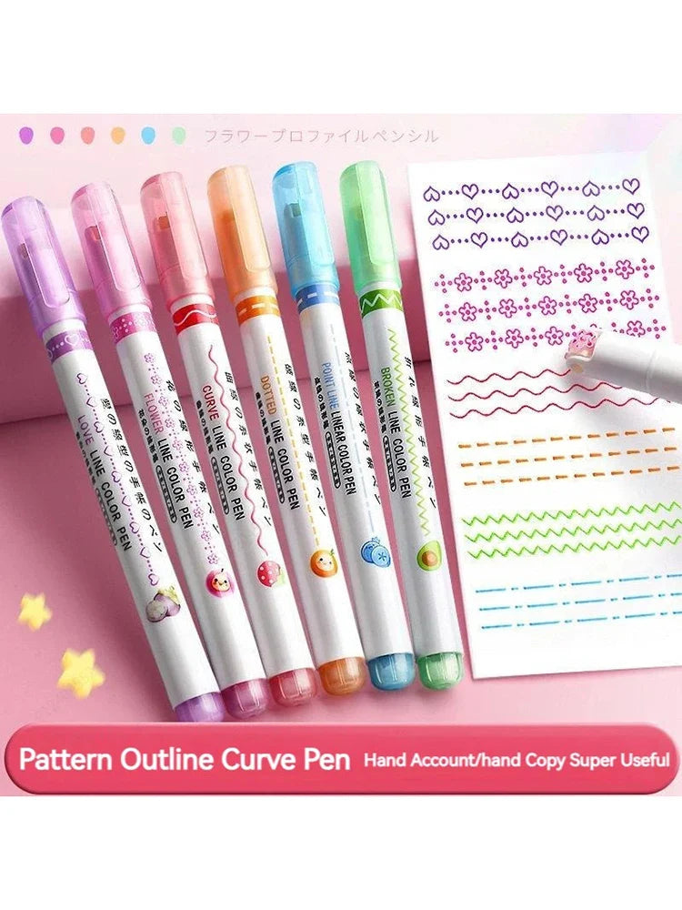 6Pcs Flower Line Shape Highlighter Pen Set – Curve Liner Roller Tip Markers for Creative Journaling