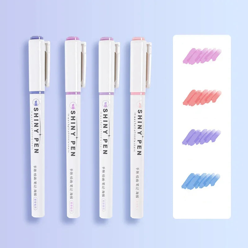 4 Colors Shining Highlighter Pens – Kawaii School Markers for Notes & Journals
