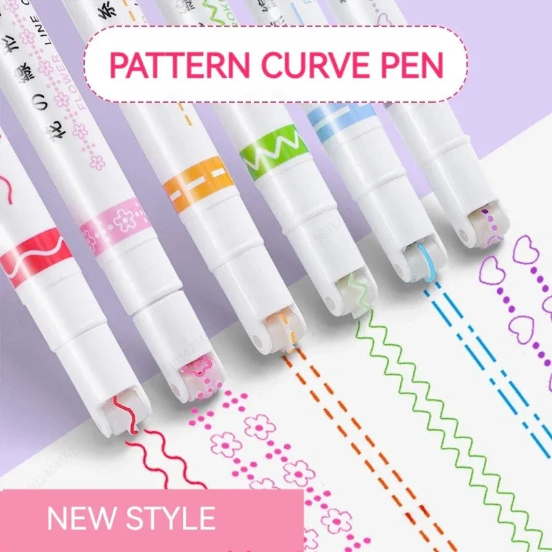 6Pcs Flower Line Shape Highlighter Pen Set – Curve Liner Roller Tip Markers for Creative Journaling