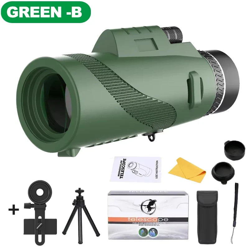 80x100 Monocular Telescope with Tripod & Phone Clip – High Magnification Outdoor Camping & Hiking Telescope