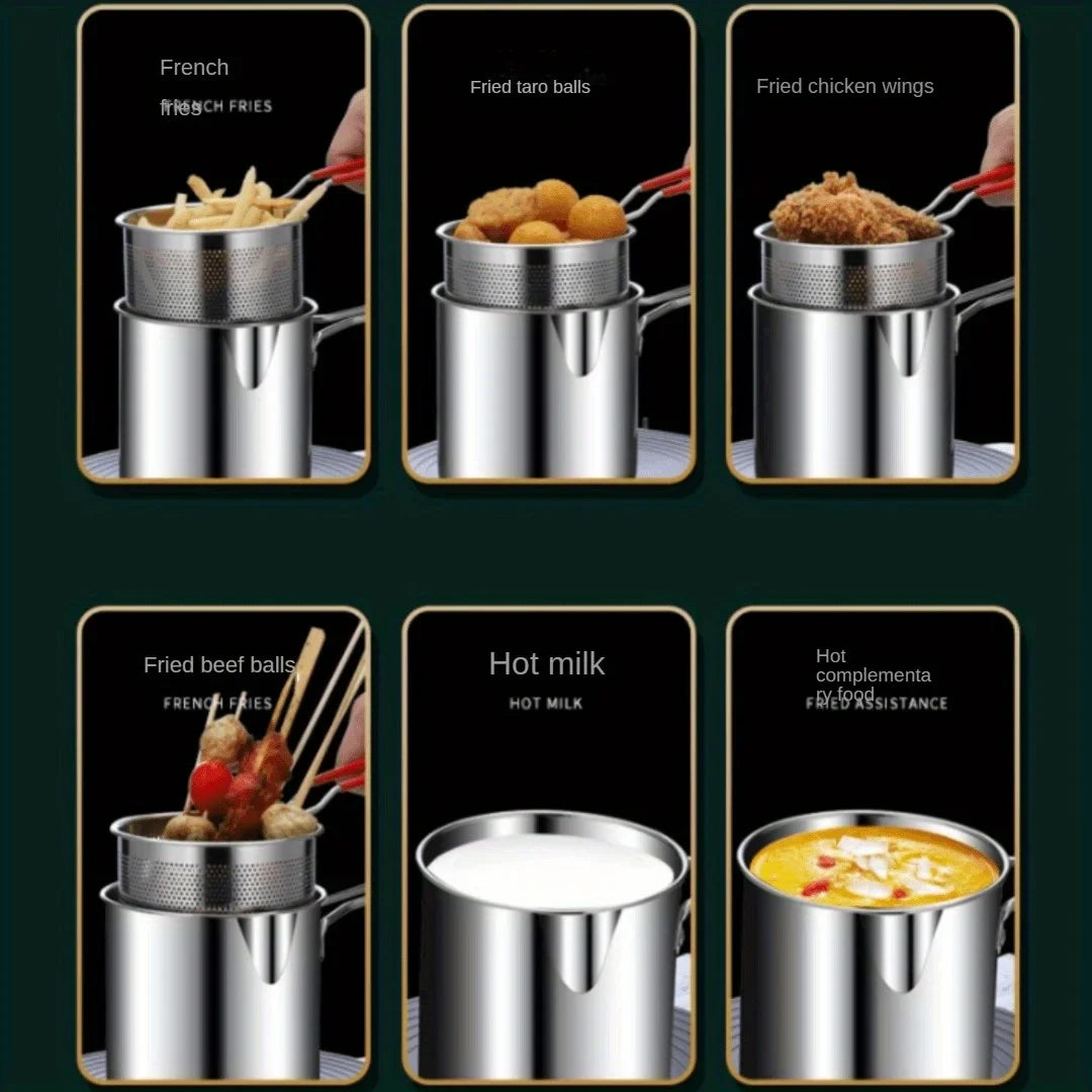 4PCS Stainless Steel Tempura Fryer Pot Set – Japanese Deep Fry Pan with Mesh Strainer, Lid & Food Clip