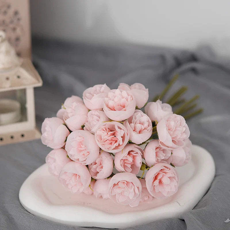 27 Heads Artificial Silk Pink Peony Rose Bouquet for Home Wedding Decoration