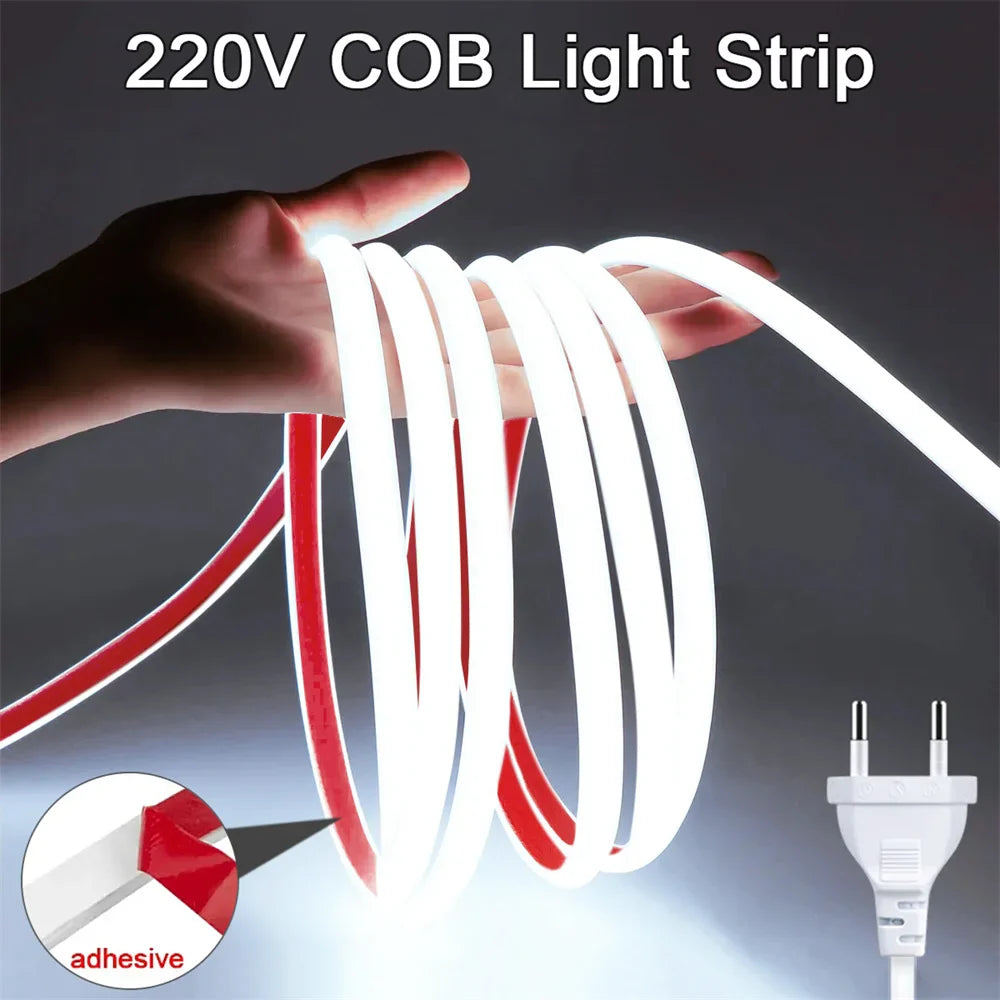 220V High Brightness COB LED Strip Lights IP65 Waterproof Flexible Ribbon for Indoor & Outdoor Garden Lighting