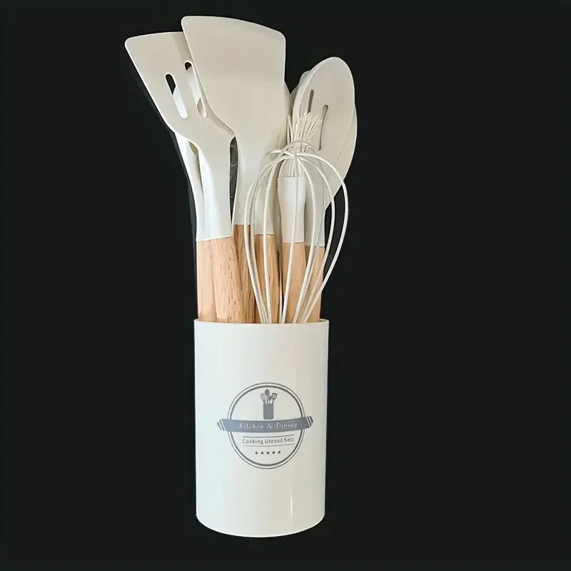 12PCS Silicone Kitchen Utensils Set – Heat-Resistant Non-Stick Spatulas & Spoons with Wooden Handles