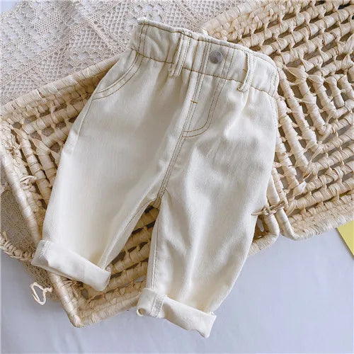 2024 Autumn Winter Baby Jeans – High Waist Solid Color Warm Out Pants for Boys & Girls