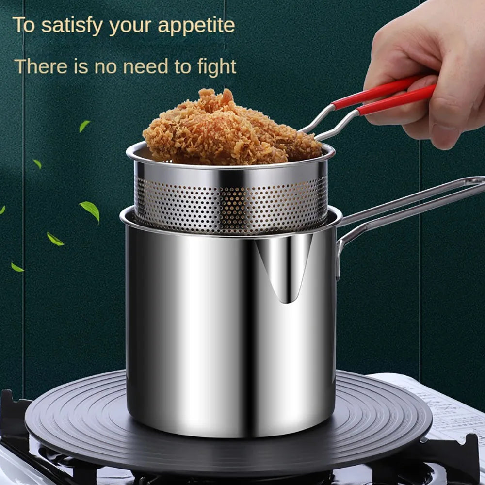 4PCS Stainless Steel Tempura Fryer Pot Set – Japanese Deep Fry Pan with Mesh Strainer, Lid & Food Clip