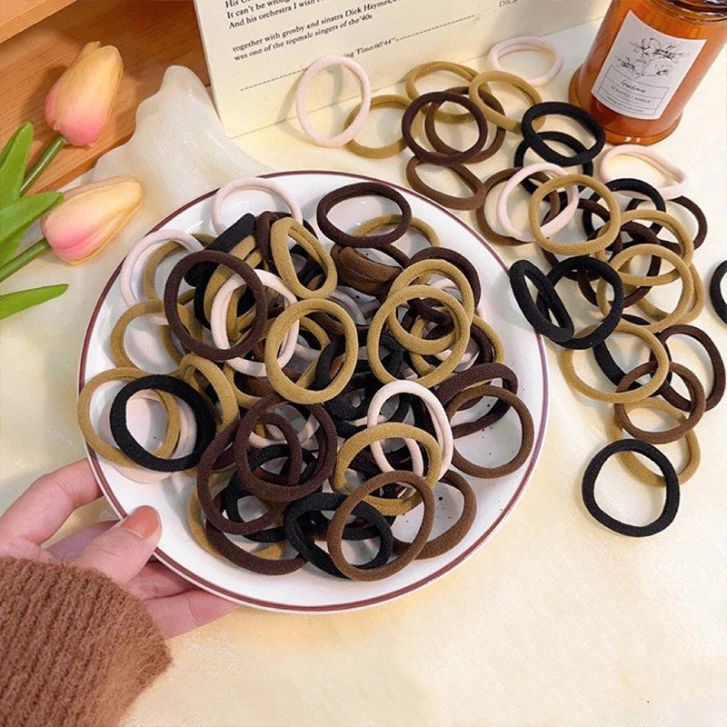 50/100pcs Boho Seamless Elastic Hair Ties-Thick Comfortable & Durable Ponytail Holders for Women - Solid Color Hair Accessories